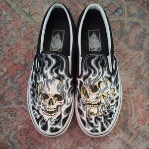 Vans Black and White Skull Flame Slip-Ons
